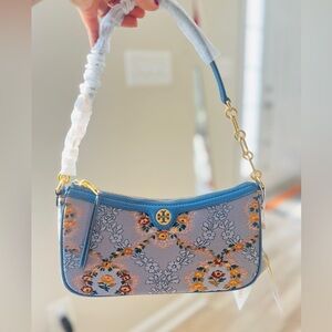 Tory Burch 86604 T Monogram Brocade Shoulder Bag Crossbody Sea Frost Nwt